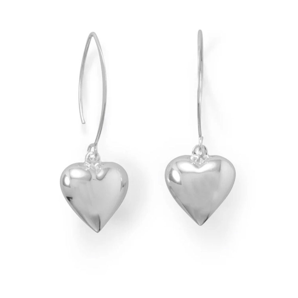 NWT - Sterling Silver Puffy Polished Heart Wire Dangle Earrings